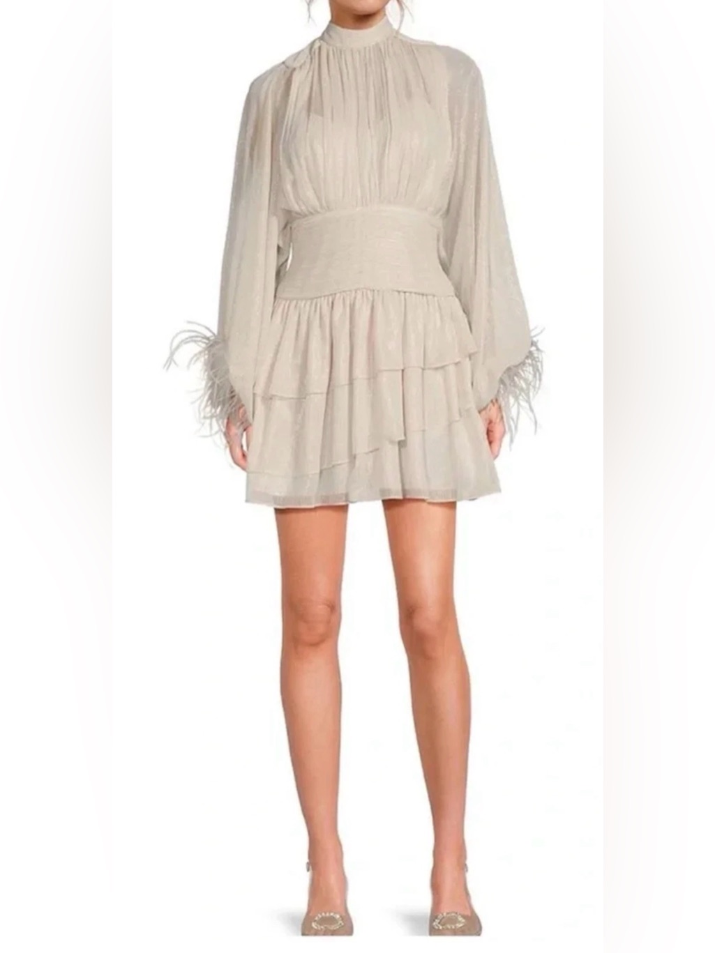 New Women's A Loves A Metallic Chiffon White/Gold Tiered Mini Dress $159